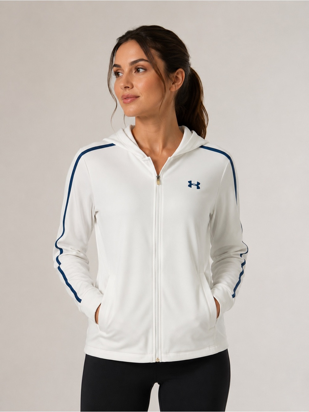 Under Armour White Blue Stripe Full Zip Hooded Athletic Jacket LG